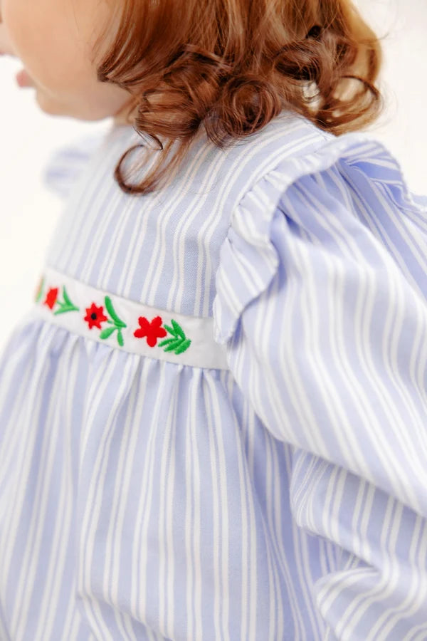 Long Sleeve Ruehling Ruffle Bubble Park City Periwinkle Ticking Stripe & Worth Avenue White