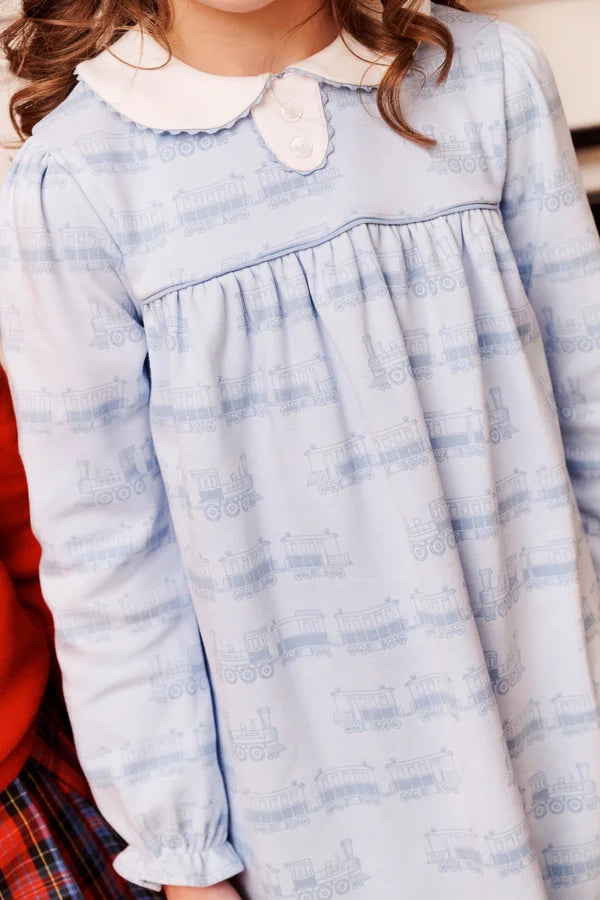 Long Sleeve Mary Dal Dress Blue Choo Choos with Worth Avenue White