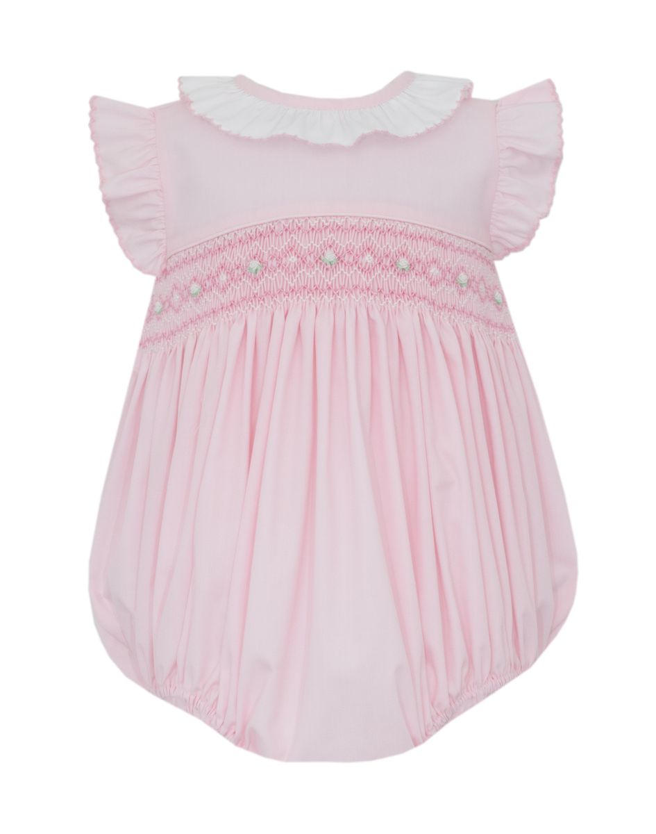 Mila-Pink Poplin Sleeveless Girl’s Bubble w/White Ruffle