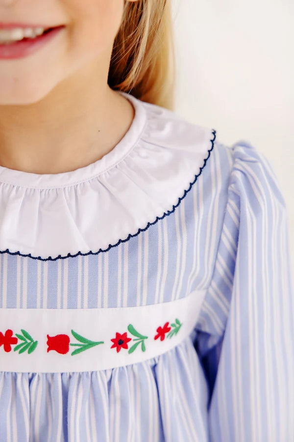 Long Sleeve Dollie Mae Dress Park City Periwinkle Ticking Stripe & Worth Avenue White