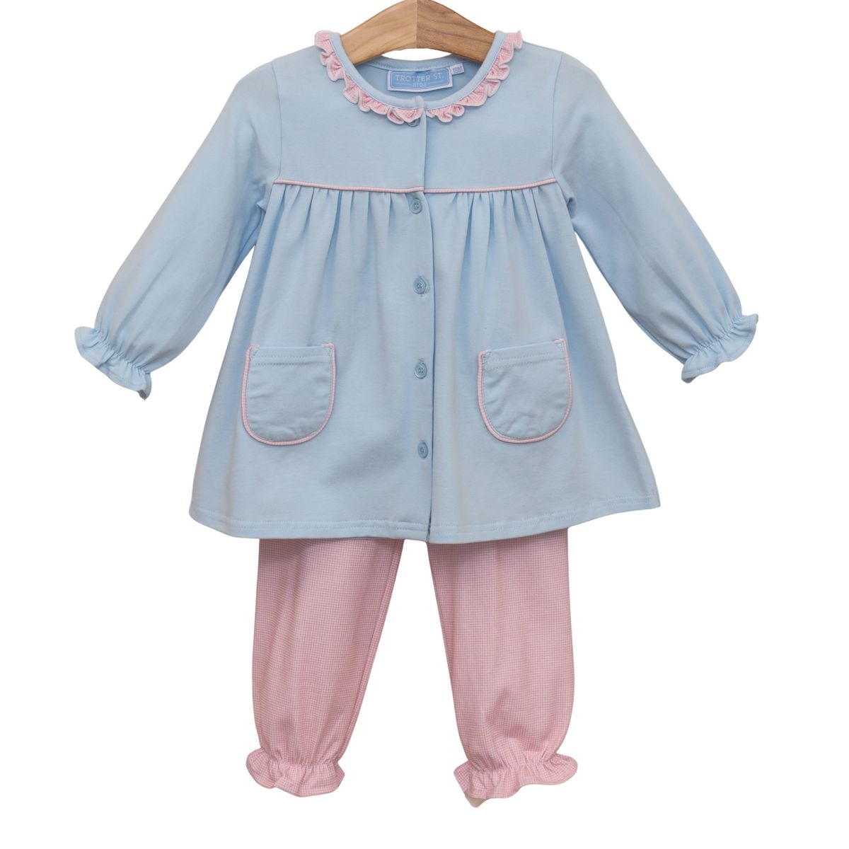 Amelia Bloomer Pant Set- Light Pink Microgingham/Light Blue