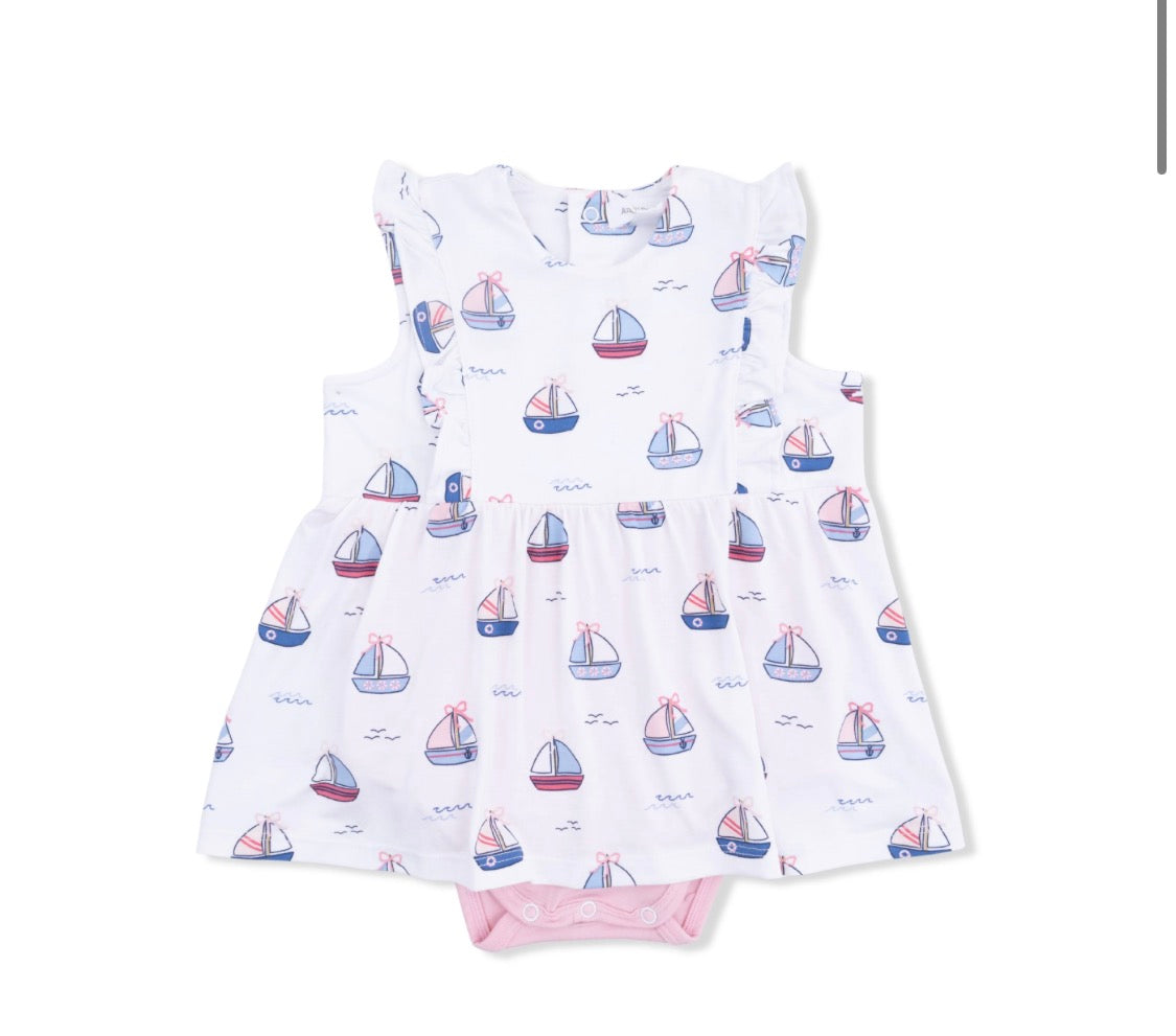 Bubbly Sailboats Pink Ruffle Bodysuit Dress