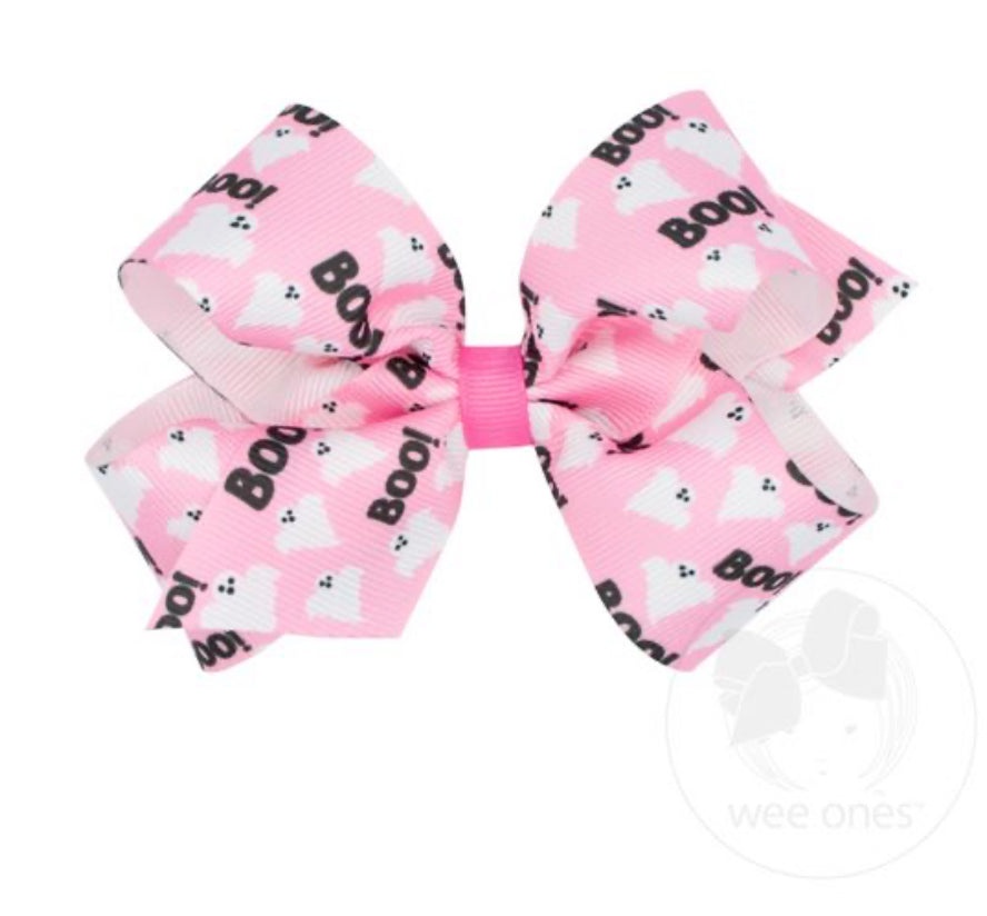 Halloween-themed Pink Boo Ghost Printed Grosgrain Hair Bow