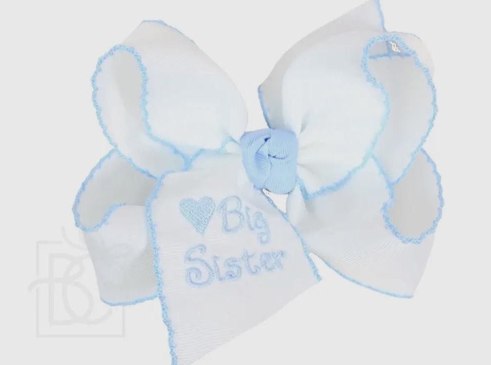 Big Sister Embroidered White Bow w/Light Blue Crochet Edge 5.5”
