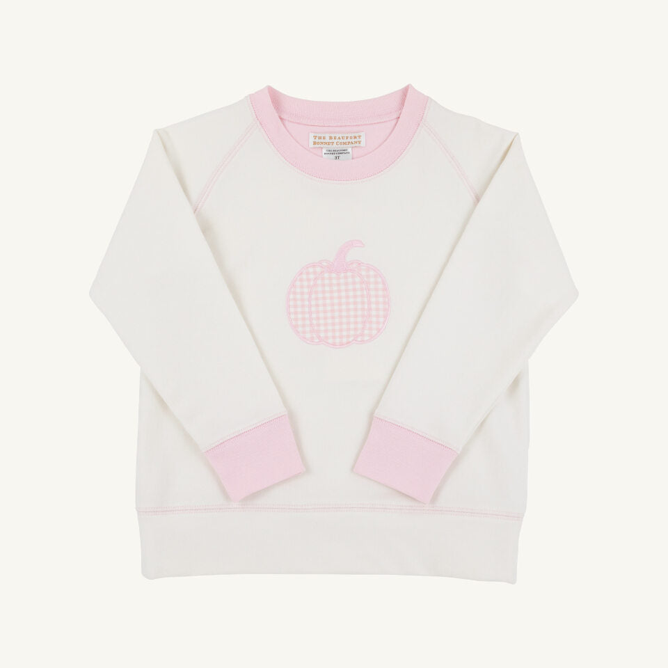 Cassidy Comfy Crewneck Girls French Terry Palmetto Pearl Palm Beach Pink Gingham Pumpkin