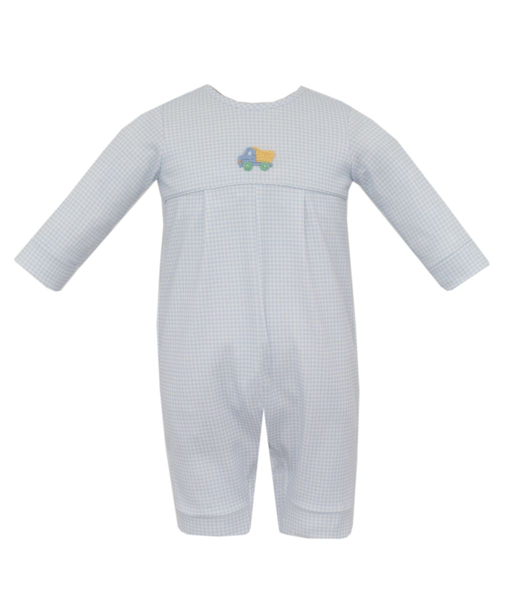 Dump Truck Light Blue Knit Gingham Boys Romper