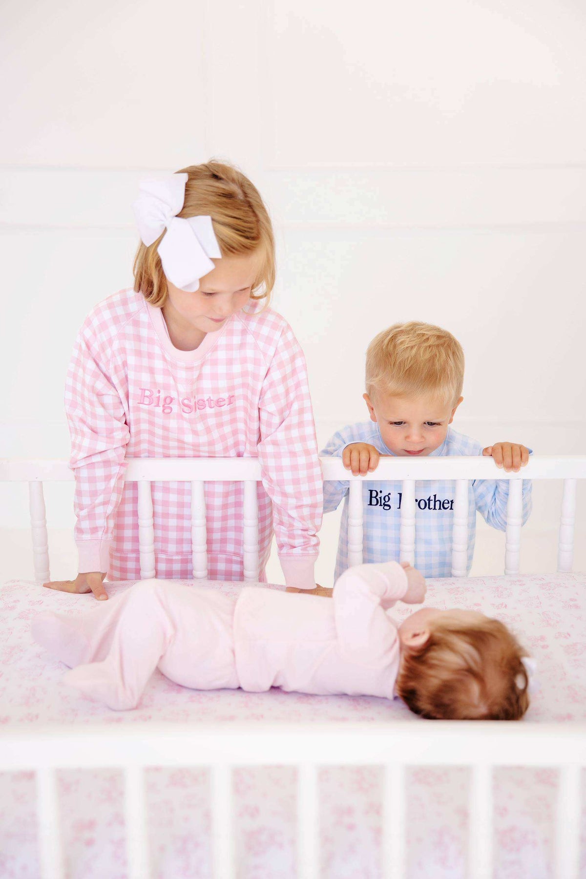 Cassidy Comfy Crewneck Girls French Terry Palm Beach Pink Gingham Palm Beach Pink Hamptons Hot Pink Big Sister