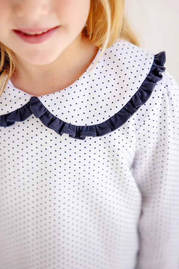 Maude's Ruffle Cassidy Comfy Crewneck Nantucket Navy Microdot with Worth Avenue White