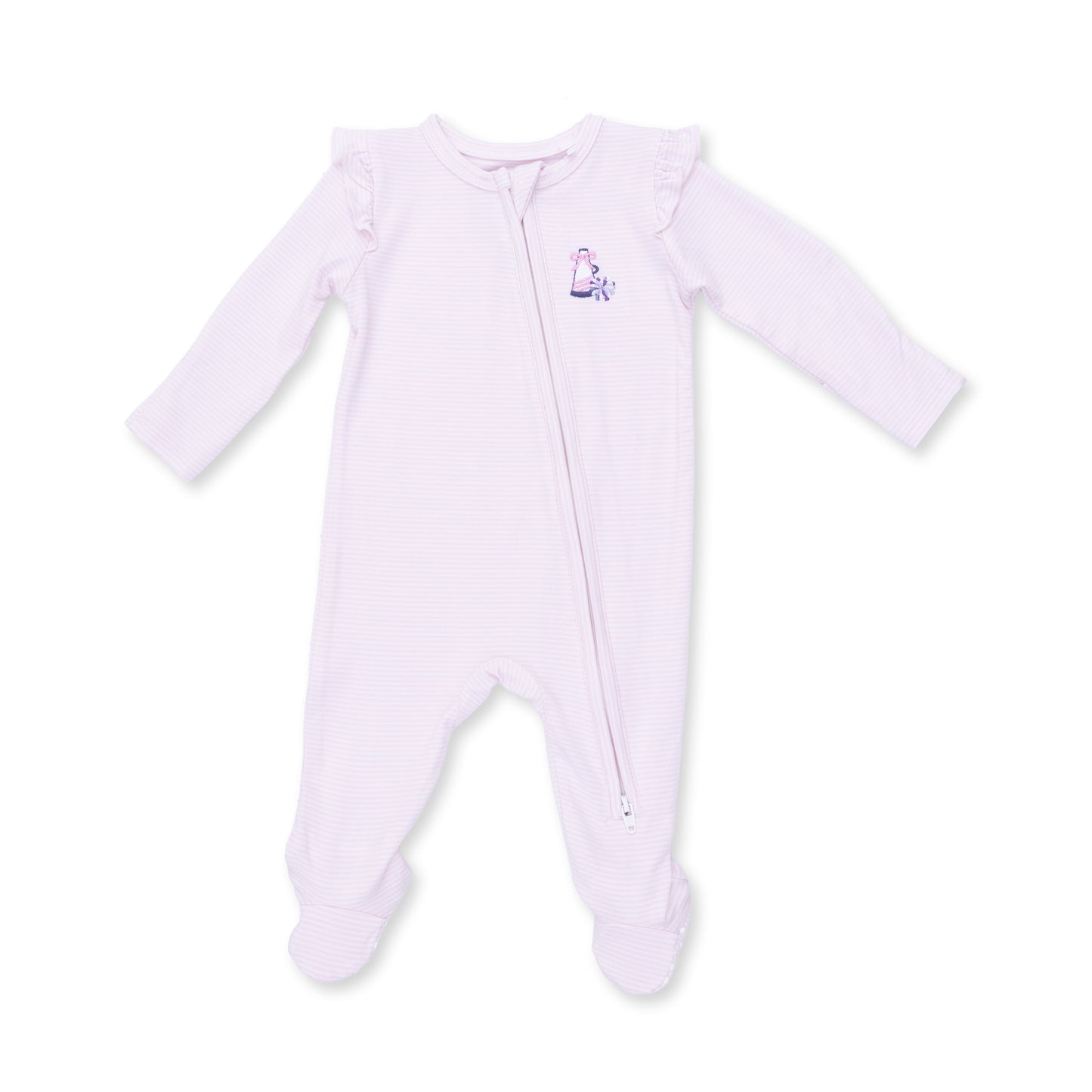 Cheer Pink Micro Stripe 2 Way Ruffle Sleeve Zipper Footie