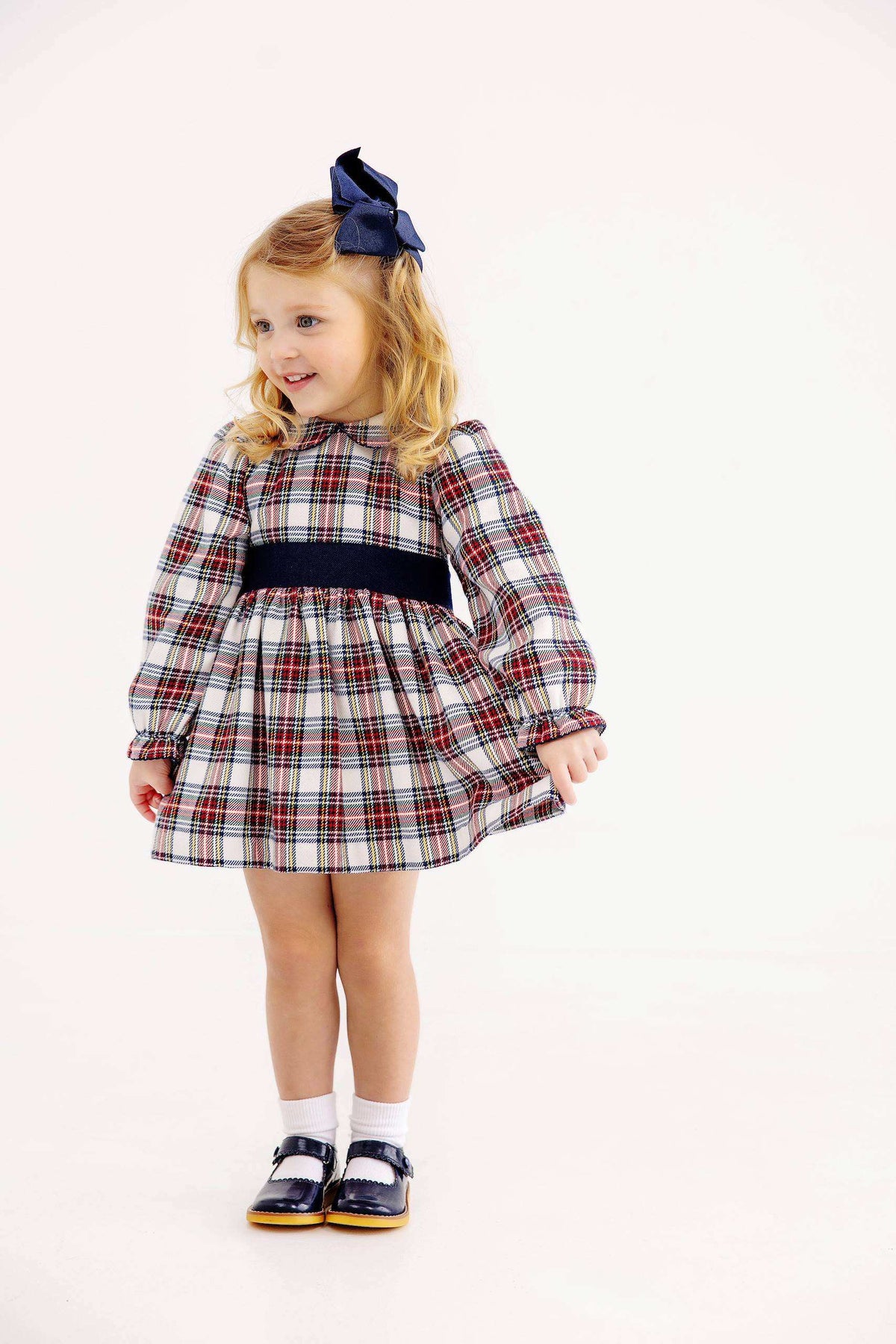 Long Sleeve Cindy Lou Sash Dress- Woven Yarn Paris Pike Plaid Nantucket Navy