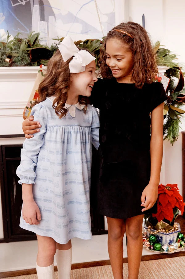 Long Sleeve Mary Dal Dress Blue Choo Choos with Worth Avenue White