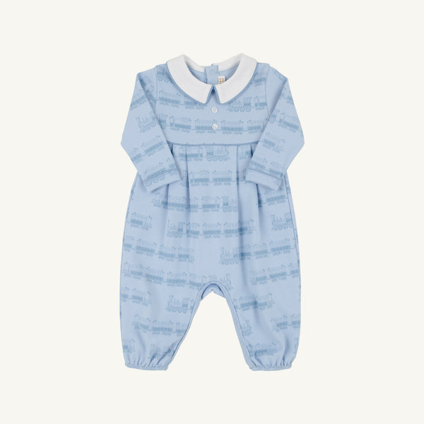 Long Sleeve Bradford Romper Blue Choo Choos with Worth Avenue White