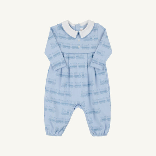 Long Sleeve Bradford Romper Blue Choo Choos with Worth Avenue White