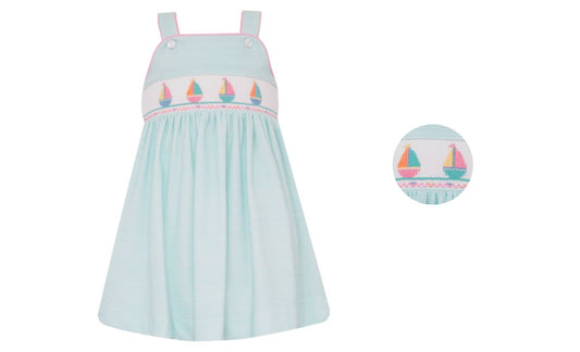 Girls Aqua Stripe Sundress-Sailboats