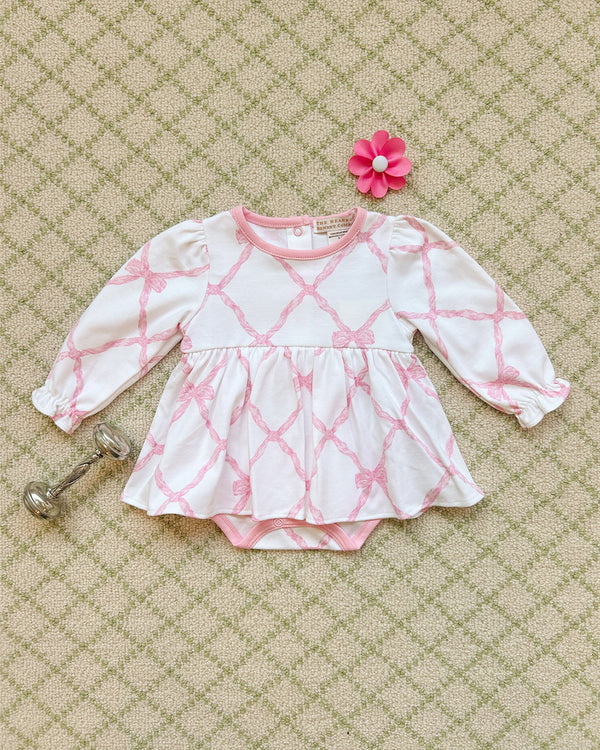 Long Sleeve Daisy's Diaper Cover Dress 
Belle Meade Bow with Pier Party Pink