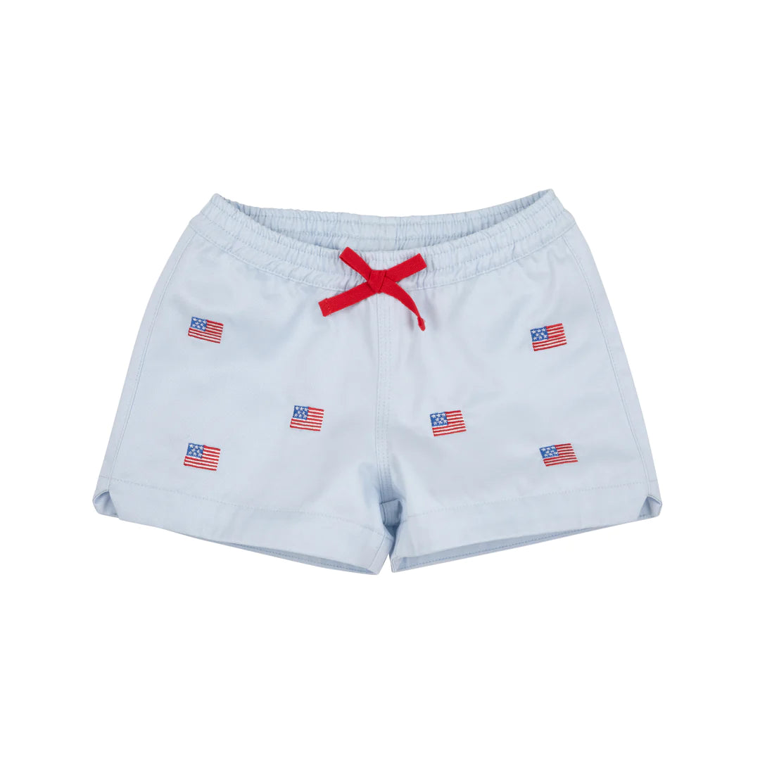 Critter Cheryl Shorts-Twill, Buckhead Blue & American Flag Embroidery With Multicolor Stork