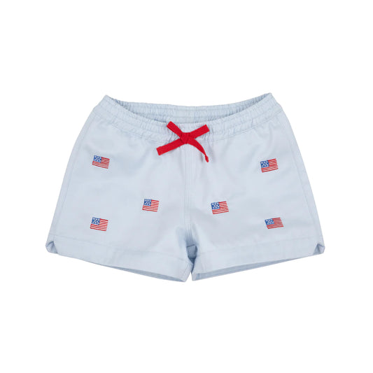 Critter Cheryl Shorts-Twill, Buckhead Blue & American Flag Embroidery With Multicolor Stork