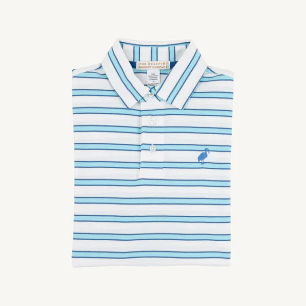 Prim & Proper Polo & Onesie Worth Avenue White, Belhaven Blue, & Wood Boat Blue Stripe with Wood Boat Blue Stork