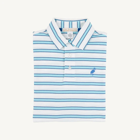 Prim & Proper Polo & Onesie Worth Avenue White, Belhaven Blue, & Wood Boat Blue Stripe with Wood Boat Blue Stork