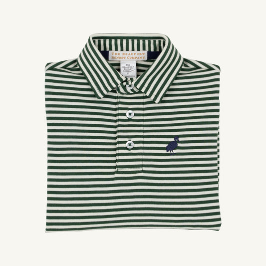 Long Sleeve Prim & Proper Polo & Onesie Grier Green Palmetto Pearl Stripe Nantucket Navy