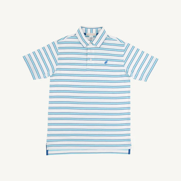 Prim & Proper Polo & Onesie Worth Avenue White, Belhaven Blue, & Wood Boat Blue Stripe with Wood Boat Blue Stork