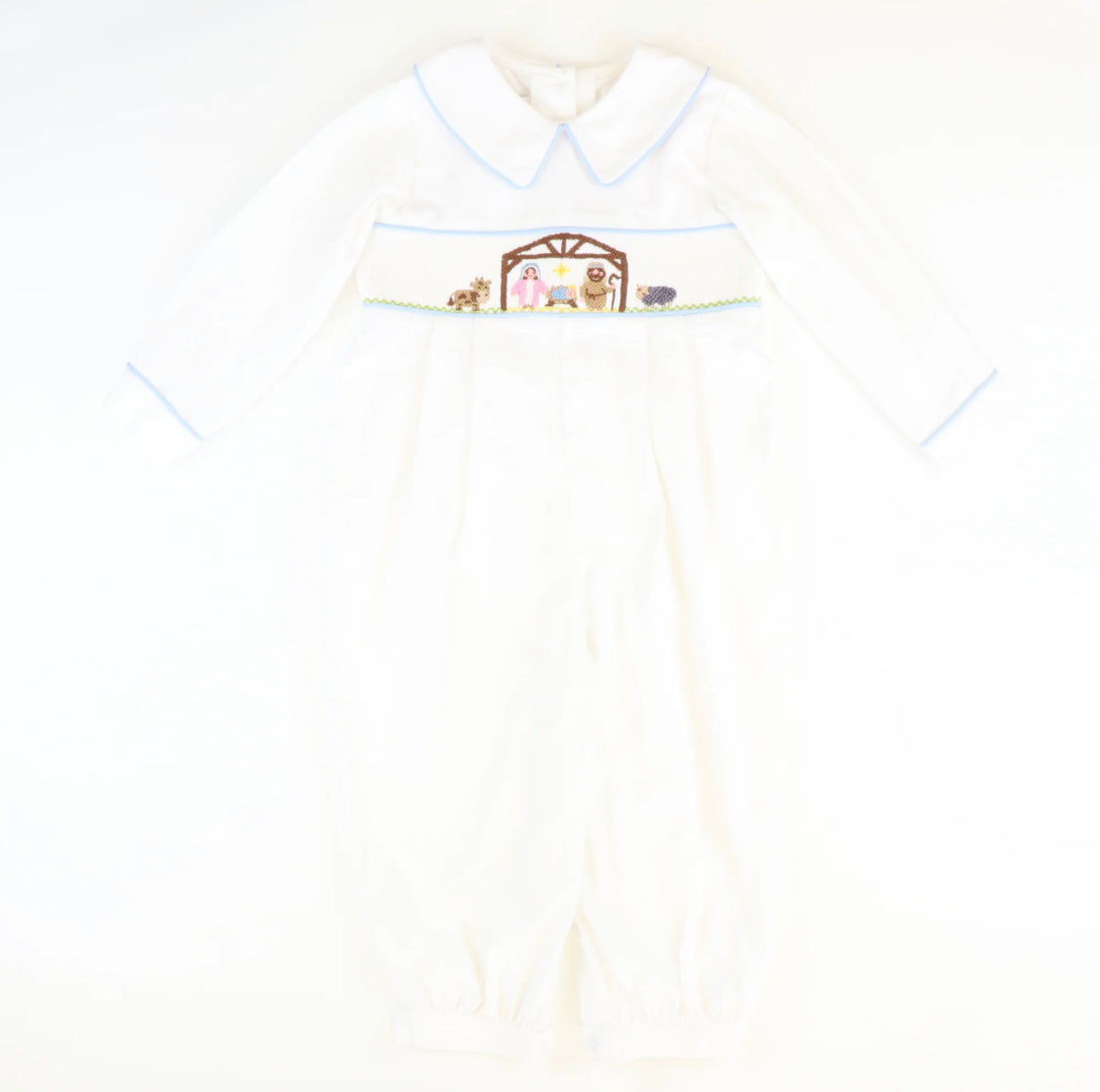 Smocked Silent Night Collared Boy Long Bubble - White Corduroy