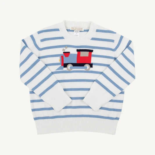 Isaac's Intarsia Sweater Barrington Blue Stripe with Train