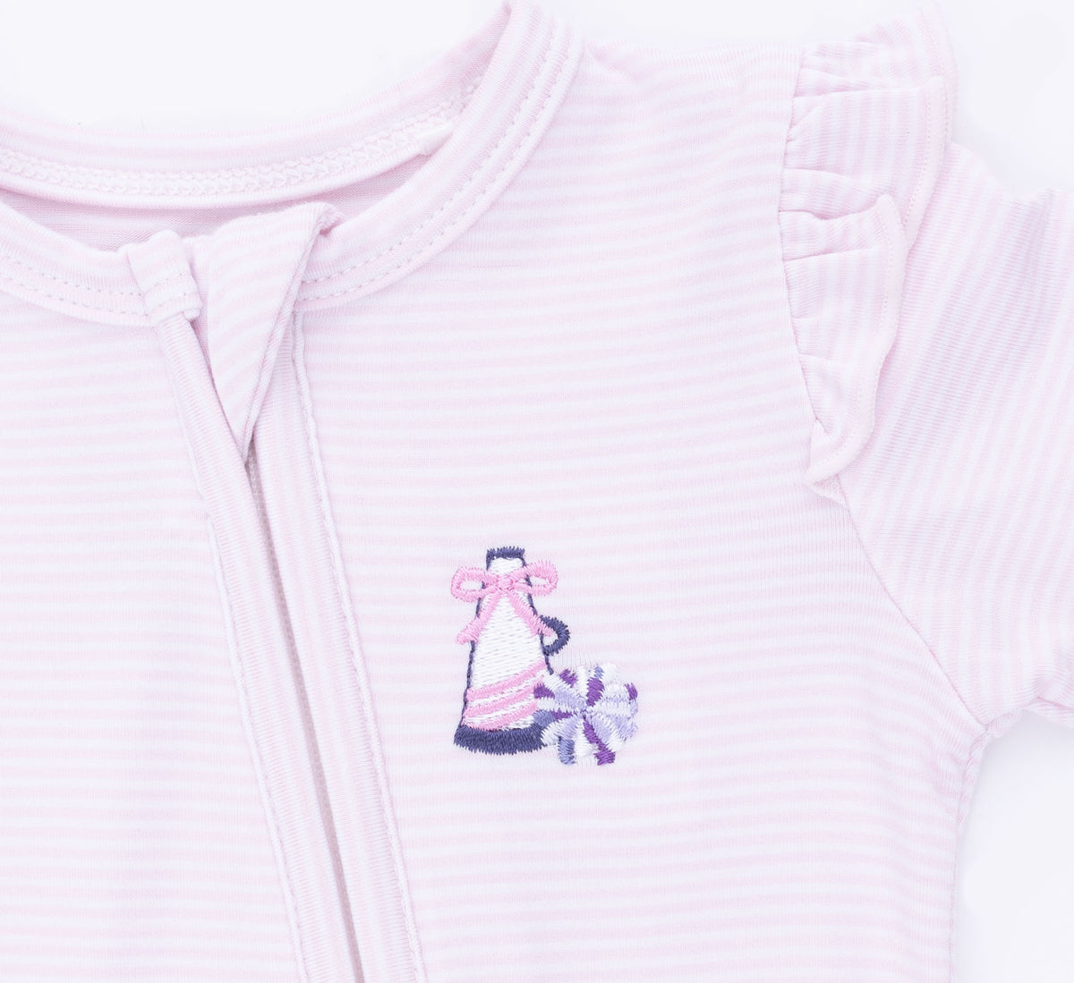 Cheer Pink Micro Stripe 2 Way Ruffle Sleeve Zipper Footie