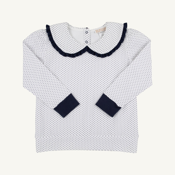 Maude's Ruffle Cassidy Comfy Crewneck Nantucket Navy Microdot with Worth Avenue White