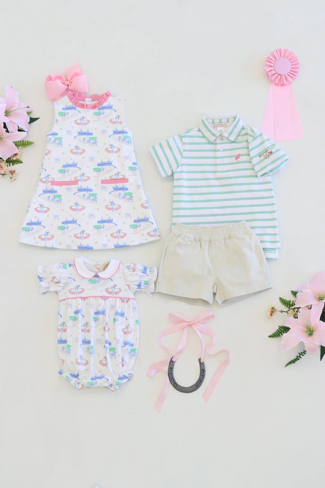 Prim & Proper Polo & Onesie Worth Avenue White, Park City Periwinkle, And Grace Bay Green Stripe With Hamptons Hot Pink Stork