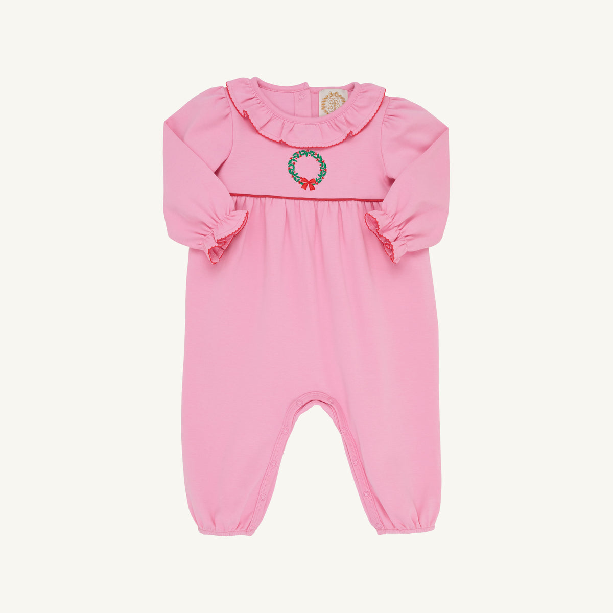 Long Sleeve Ramona Ruffle Romper Hamptons Hot Pink Kiawah Kelly Green Wreath