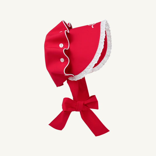 Bellefaire Bonnet - Broadcloth Eyelet Richmond Red Worth Ave White Bow