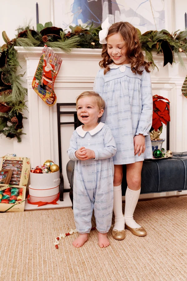 Long Sleeve Bradford Romper Blue Choo Choos with Worth Avenue White