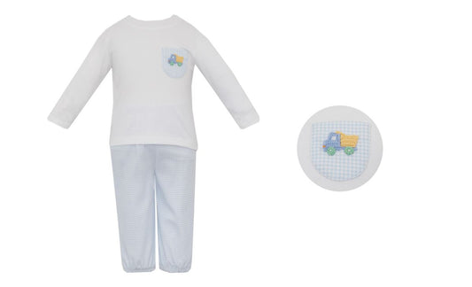 Dump Truck Light Blue Gingham Knit Pant Set