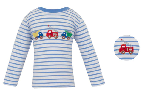 Rescue & Roadwork Trucks Periwinkle Blue Knit Stripe Boy’s Long Sleeve Tshirt