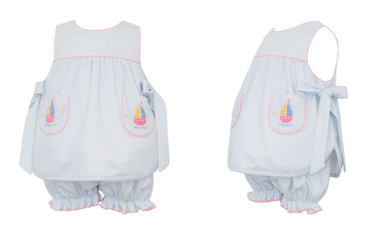 Light Blue Gingham Bloomer Set-Sailboats