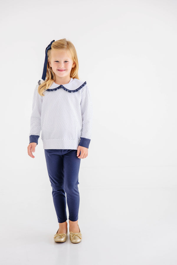 Maude's Ruffle Cassidy Comfy Crewneck Nantucket Navy Microdot with Worth Avenue White