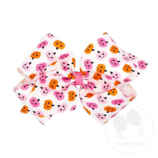 Halloween-themed Pink Jack-O-Lantern Printed Grosgrain Hair Bow