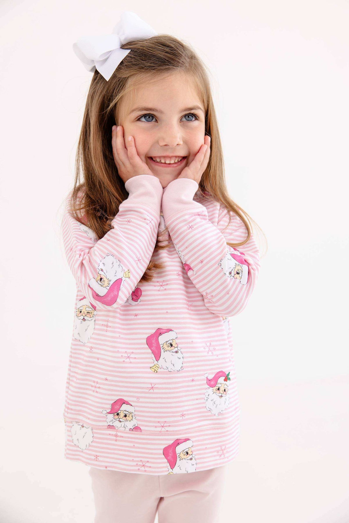 Cassidy Comfy Crewneck Girls French Terry Dear Santa (Palm Beach Pink Stripe) Palm Beach Pink