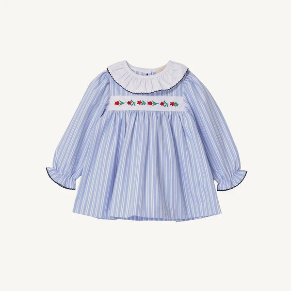 Long Sleeve Dollie Mae Dress Park City Periwinkle Ticking Stripe & Worth Avenue White