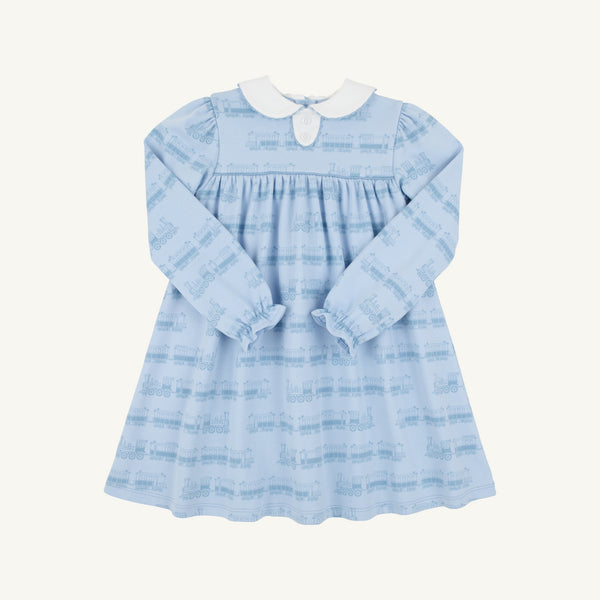 Long Sleeve Mary Dal Dress Blue Choo Choos with Worth Avenue White