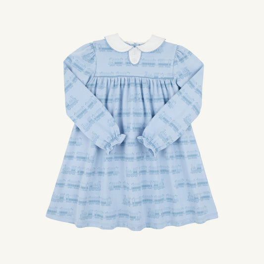 Long Sleeve Mary Dal Dress Blue Choo Choos with Worth Avenue White
