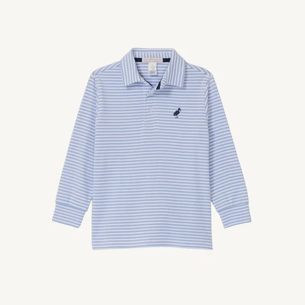 Long Sleeve Prim & Proper Polo Park City Periwinkle Stripe with Nantucket Navy