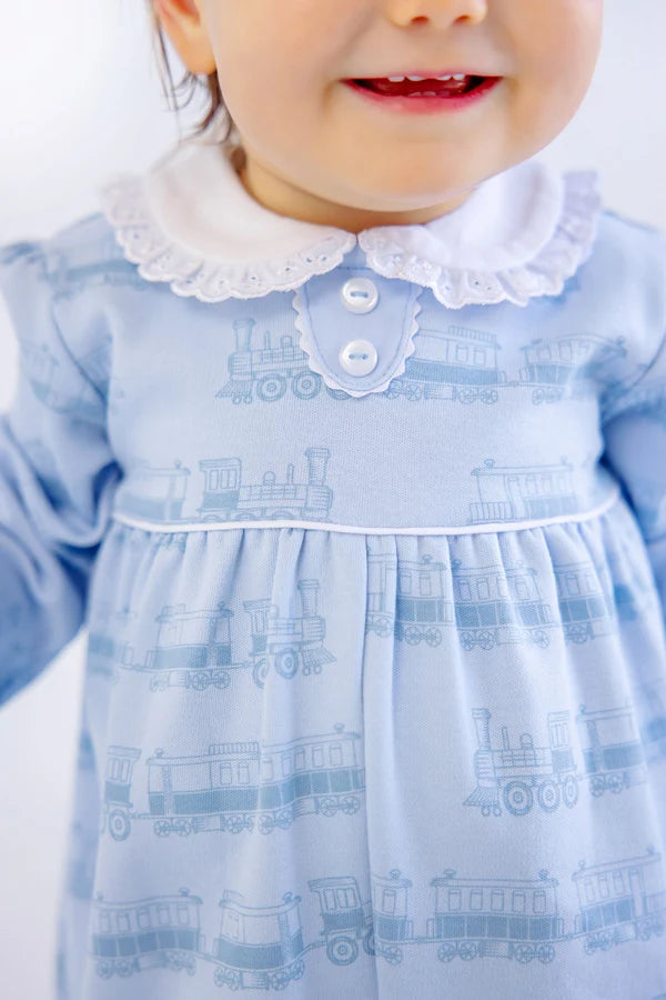 Long Sleeve Mary Dal Romper Blue Choo Choos