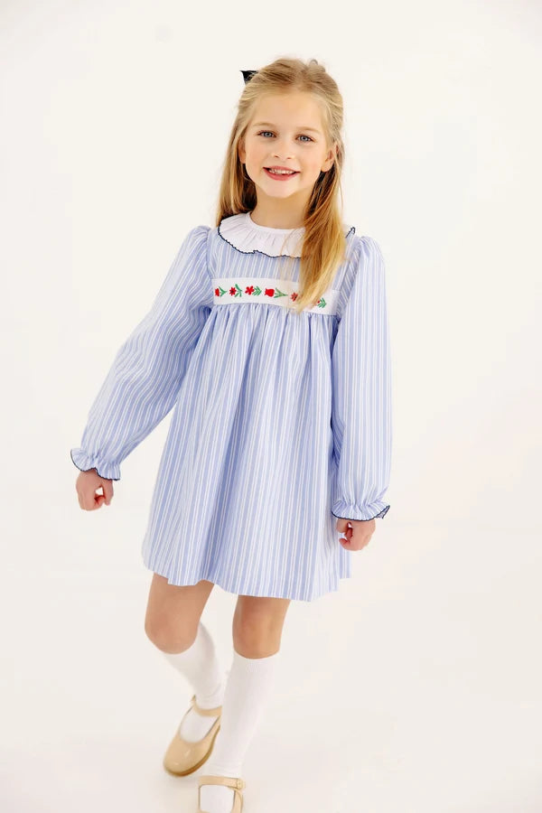 Long Sleeve Dollie Mae Dress Park City Periwinkle Ticking Stripe & Worth Avenue White