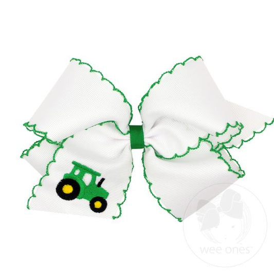 Grosgrain Hair Bow with Moonstitch Edge and Tractor Embroidery