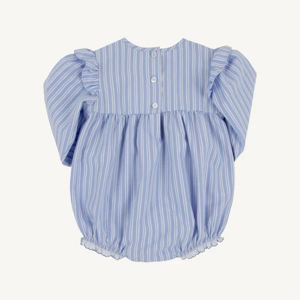 Long Sleeve Ruehling Ruffle Bubble Park City Periwinkle Ticking Stripe & Worth Avenue White