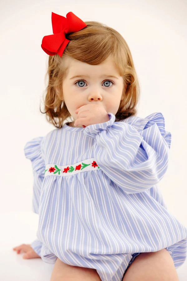 Long Sleeve Ruehling Ruffle Bubble Park City Periwinkle Ticking Stripe & Worth Avenue White