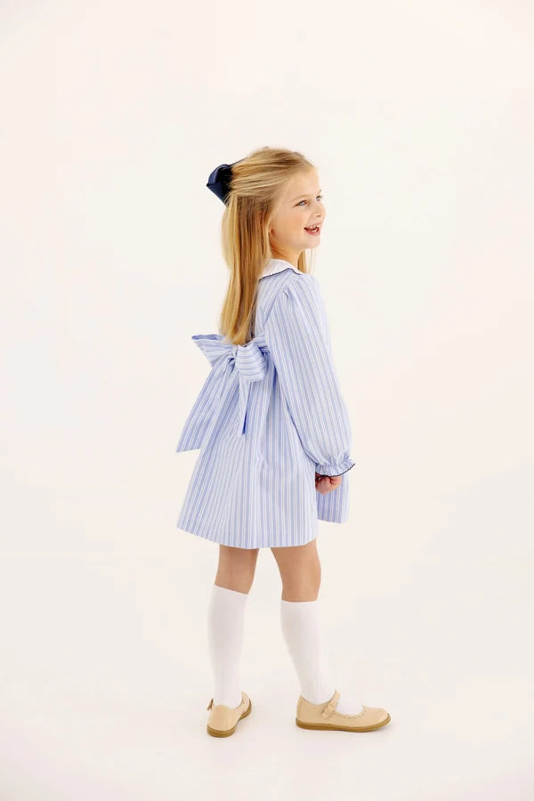 Long Sleeve Dollie Mae Dress Park City Periwinkle Ticking Stripe & Worth Avenue White