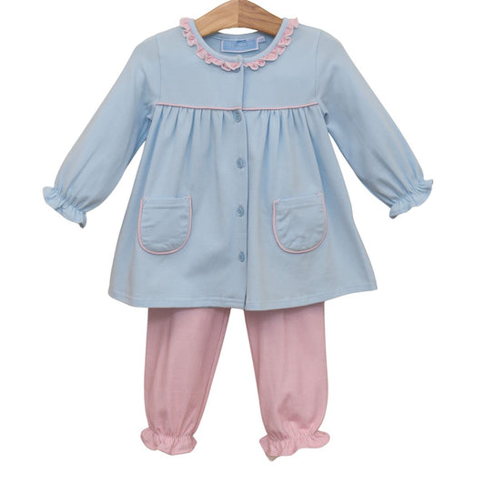 Amelia Bloomer Pant Set- Light Pink Microgingham/Light Blue